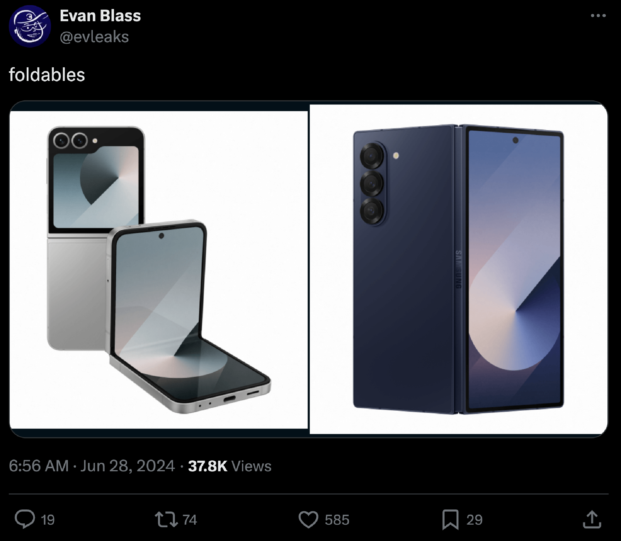 bài đăng của Evan Blass trên X (Twitter) về Galaxy Fold 6 và Z Flip 6