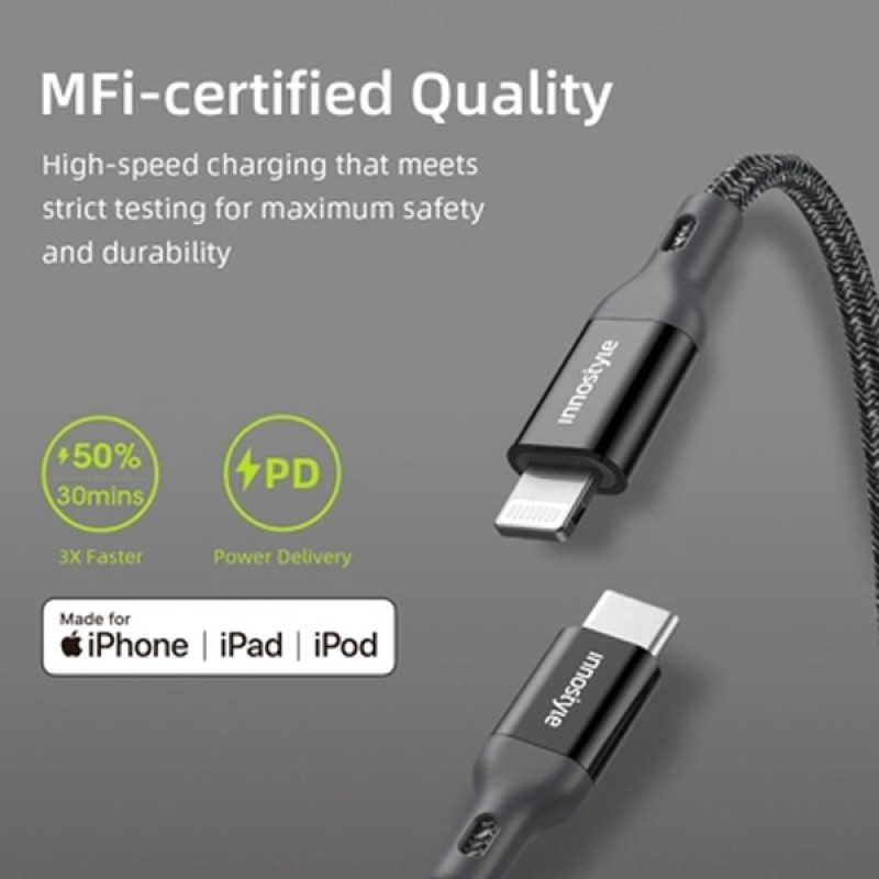 Cáp USB-C to Lightning MFi 60W Innostyle Powerflex 1.5m ICL150AL