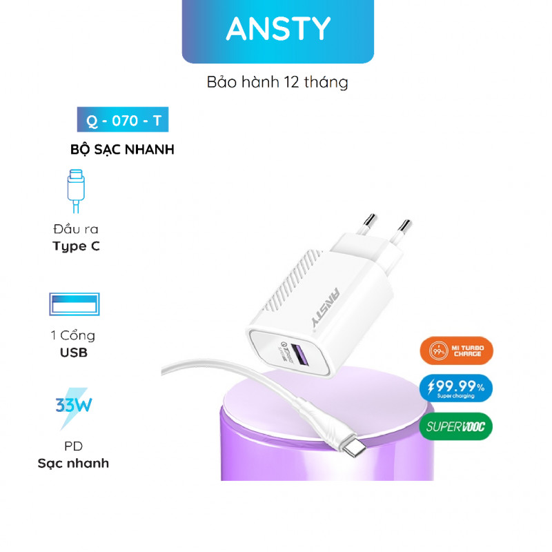 Bộ sạc nhanh 33W USB to Type C Ansty Q-070-T White