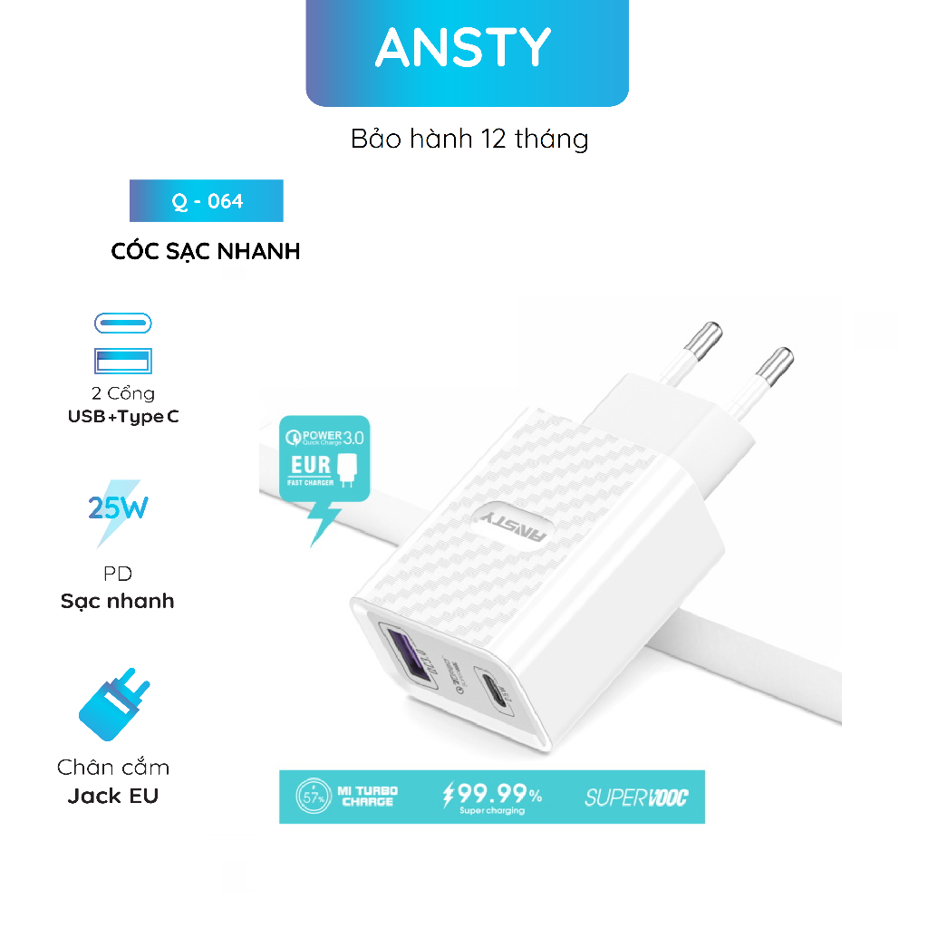Đầu nối sạc nhanh 25W USB/USB-C Ansty Q-073
