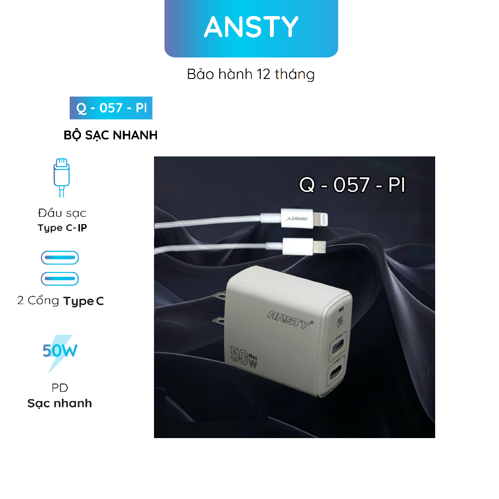 Bộ sạc nhanh 50W 2 USB-C Type-C to Lightning Ansty Q-057-PI White