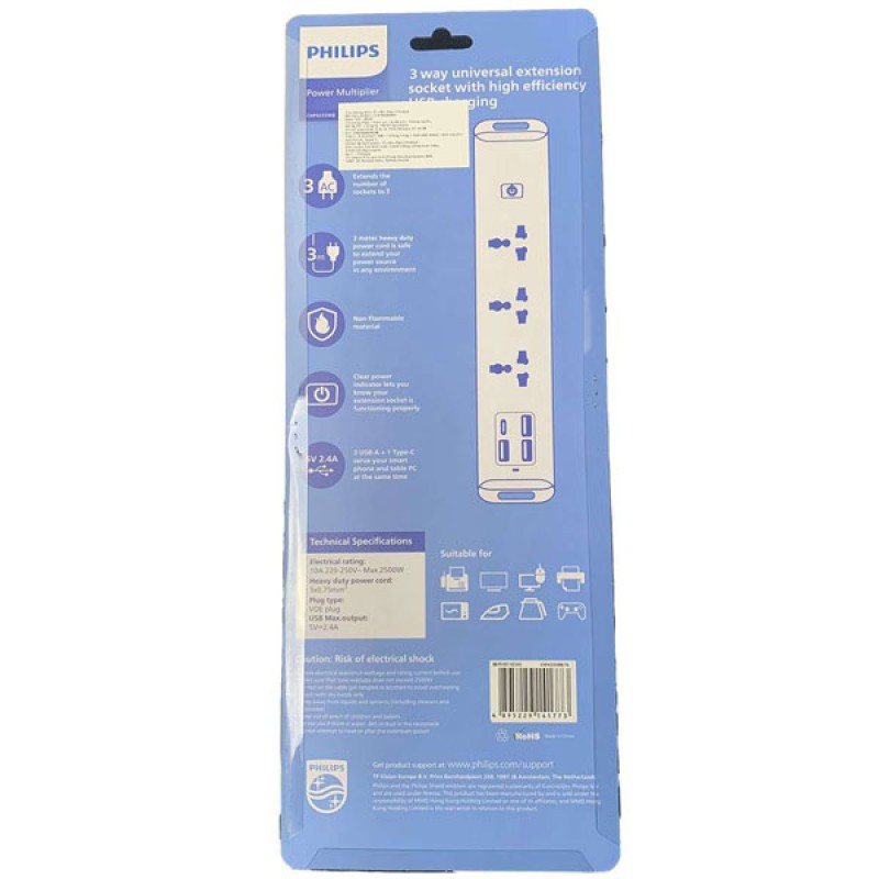 Ổ cắm điện Philips 3 lỗ cắm tích hợp cổng sạc USB/USB-C CHP4335WB/74