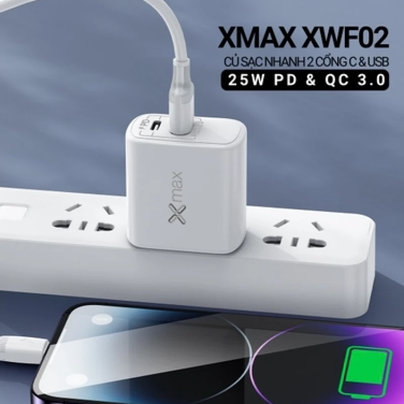 Đầu nối sạc nhanh 25W USB/USB-C Xmax PD/QC3.0 XWF02 White (KG)