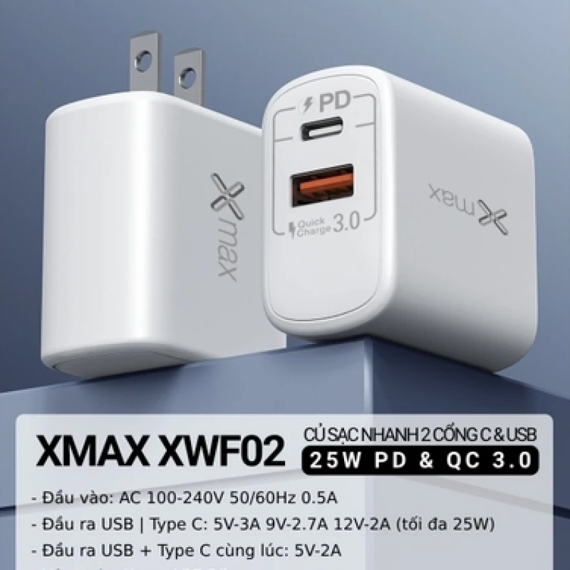 Đầu nối sạc nhanh 25W USB/USB-C Xmax PD/QC3.0 XWF02 White (KG)