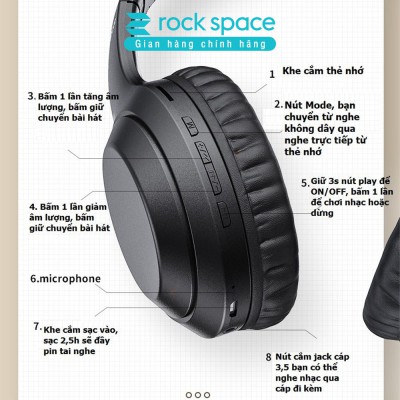 Tai nghe chụp Wireless không dây Rockspace O2 Black